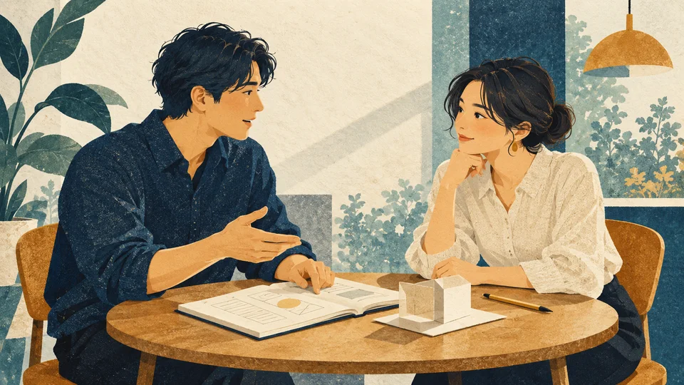 向かい合う二人がノートと小さな試作を囲み、相手の話を聞いて仕事を考えるイラスト
