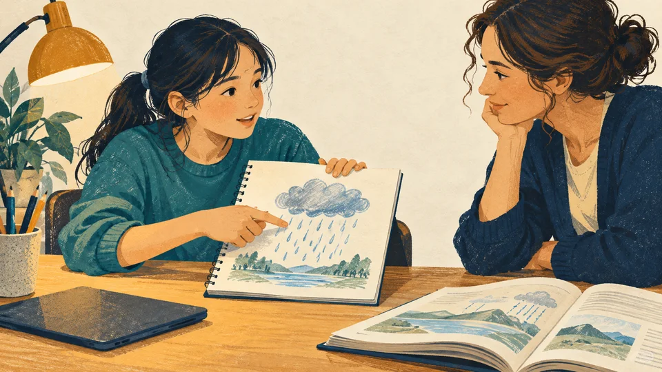 学習者が自分で描いた雲と雨のノートを使い、理解したことを説明するイラスト