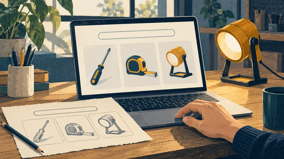 道具一覧の紙スケッチと動く画面を見比べ、小さなUI試作を確かめるイラスト