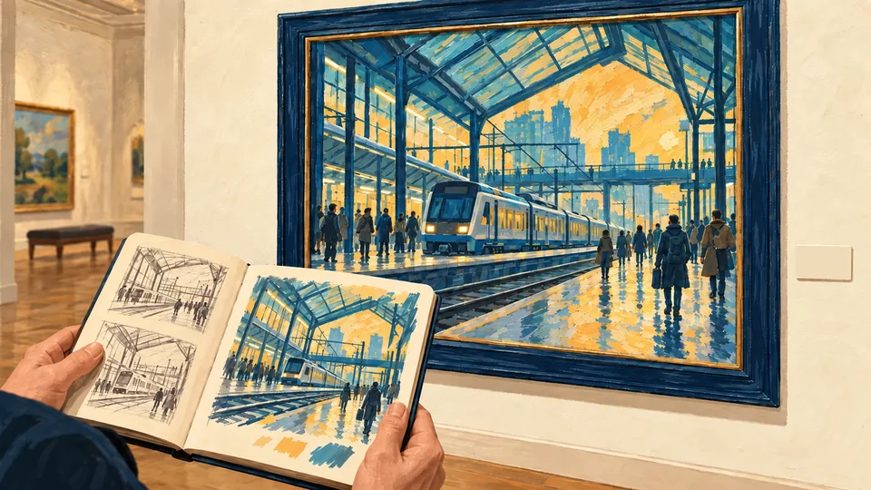 架空の現代の駅の絵と作品表示、制作のスケッチを並べて来歴を考えるイラスト