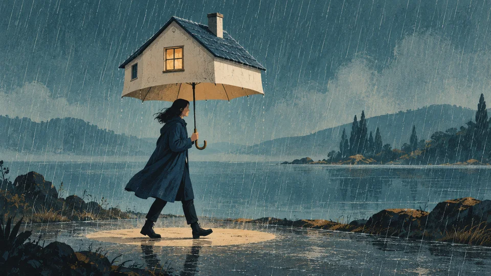 雨の中、明かりのともる家の形をした傘を持つ人を描いた架空の作品イメージ