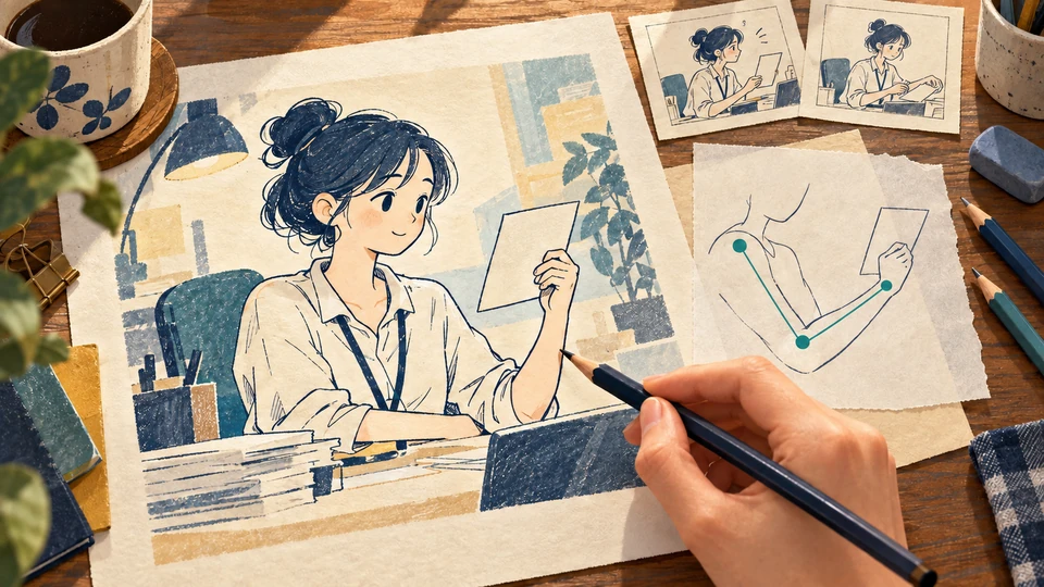 紙を持つ架空の線画人物と、肩・肘・手首を示す別紙のガイドを、制作者が机で見直す編集イラスト