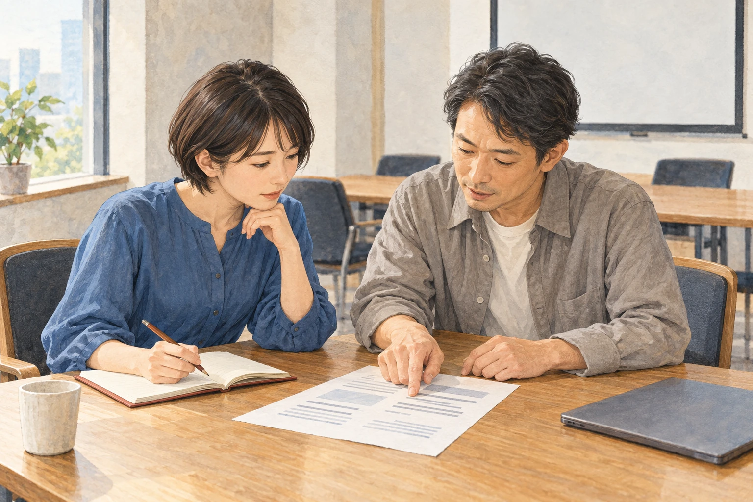 会議後に二人の同僚が同じ資料を見ながら、説明を聞き、内容を確かめる架空の場面。
